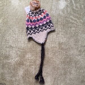 Roxy Pink & Tan Fair Isle Pom-Pom Earflap Beanie